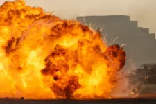 massive fire explosion close up in military combat and war