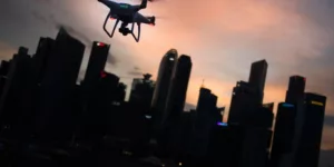 Flying a drone at dusk in the city
