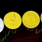 Cryptocurrency coins placed on trading chart